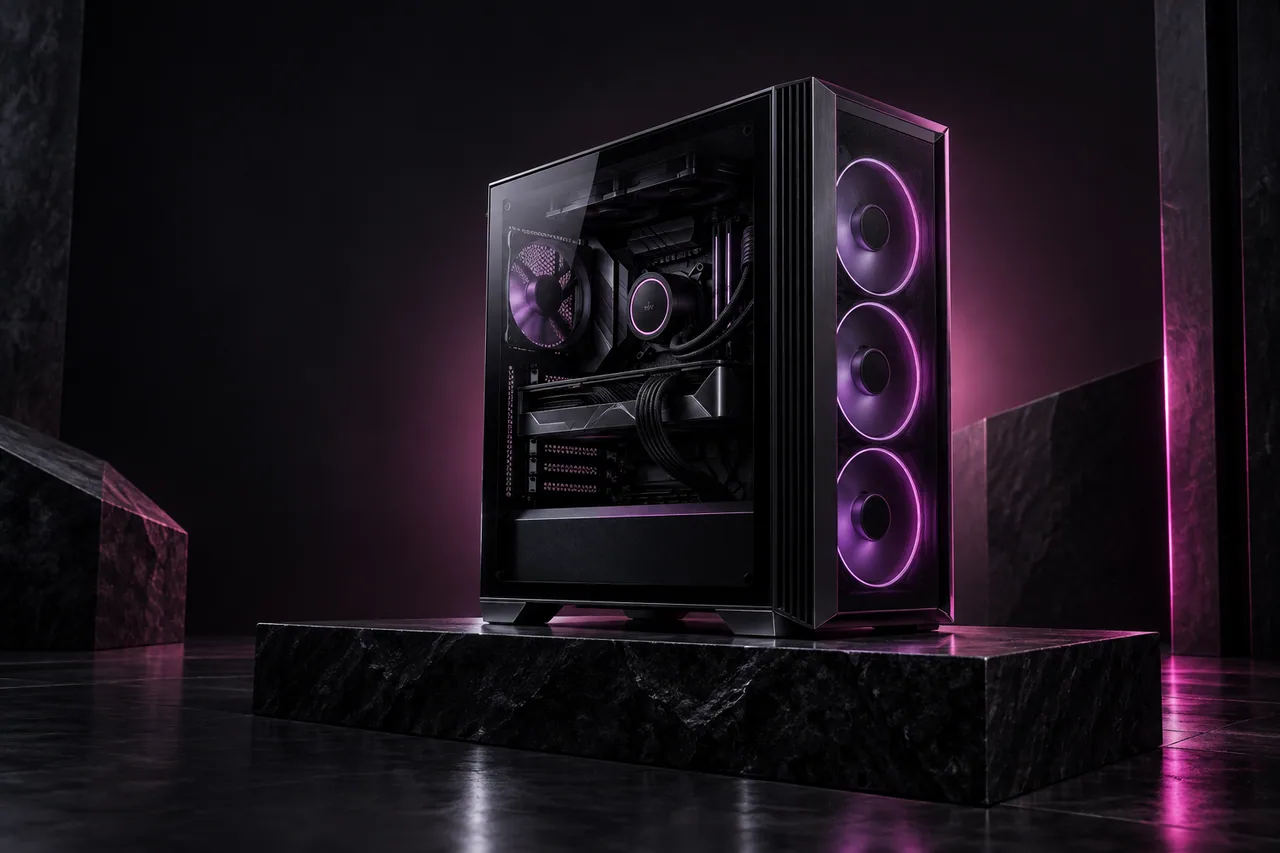 Ilustrasi PC dengan casing hitam dan pencahayaan magenta